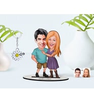 BK Gift Kişiye Özel Sevgililer Karikatürlü 3D Ahşap Biblo ve İsimli Silver Papatya Anahtarlık-80 (Model 1)