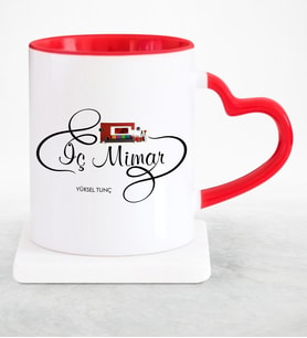BK Gift Kişiye Özel Mesleki İç Mimar Kırmızı Kalpli Kupa Bardak  2