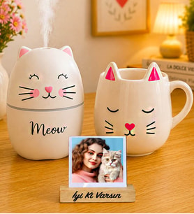 Kişiye Özel Kedi Hava Nemlendirici H2o & 3D Ponçik Kedi Kupa