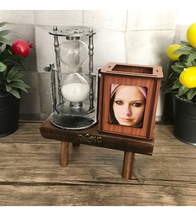 Kişiye Özel Fotoğraflı Kum Saatli Kalemlik HD478 (Gümüş)
