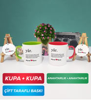 İkili Yeşil Kırmızı Yâr Sevgililer Günü Hediyesi Kupa Bardak Anahtarlık
