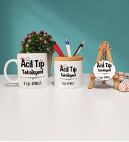 Acil Tıp Teknisyeni Tasarımlı Kişiye Özel Hediye Acil Tıp Teknisyeni Kupa Bardak Kalemlik ve Anahtarlık Seti