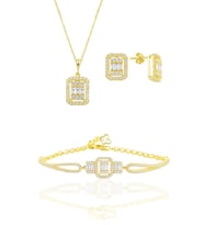 Söğütlü Silver Gümüş altın yaldızlı baget taşlı kolye küpe ve bilezik  gümüş set