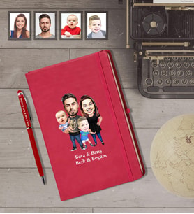 Kişiye Özel Aile Karikatürlü Kırmızı Defter Kalem Hediye Seti   Mod-2