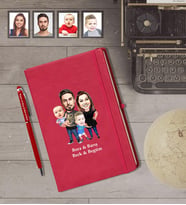 Kişiye Özel Aile Karikatürlü Kırmızı Defter Kalem Hediye Seti   Mod-2