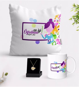 BK Gift Kişiye Özel En İyi Öğretmen Beyaz Kupa Yastık ve İsimli Papatya Kolye Hediye Seti-2 (Model 1)