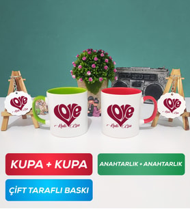 İkili Yeşil Kırmızı Love Tasarımlı Sevgililer Günü Hediyesi Kupa Bardak Anahtarlık
