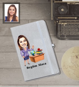Kişiye Özel Öğretmen Karikatürlü Gri Defter Bayan-3