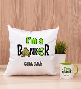 Bankacı Kare Yastık ve Yeşil Kupa Bardak