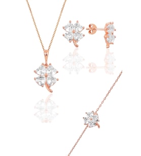 Söğütlü Silver Gümüş rose zirkon taşlı yonca modeli üçlü set