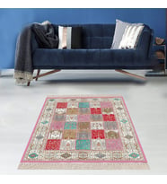 Kırkyama Patchwork Desenli Etnik Dijital Baskı Yıkanabilir Kaymaz Taban Salon Halı ve Yollu (Pembe)