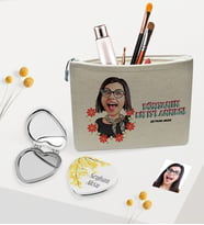 BK Gift Kişiye Özel En İyi Anne Karikatürlü Keten Makyaj Çantası ve Kalp Ayna Seti (Model 1)