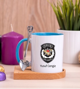 Özel Harekat Polisi Ahşap Altlıklı Mavi Kupa Bardak