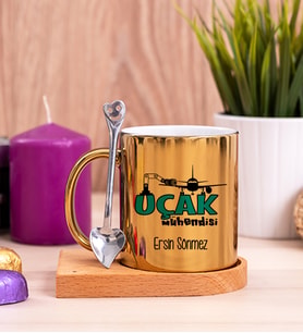 Uçak Mühendisi Ahşap Altlıklı Gold Kupa Bardak