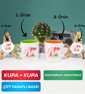 İkili Yeşil Turuncu Sevgiliye Sevgililer Günü Hediyesi 5 Kupa Bardak Anahtarlık