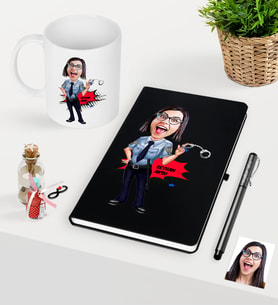 BK Gift Kişiye Özel Bayan Polis Karikatürlü Siyah Defter Kalem Kupa Seti (Model 1)