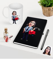 BK Gift Kişiye Özel Bayan Polis Karikatürlü Siyah Defter Kalem Kupa Seti (Model 1)