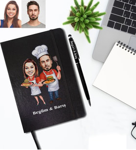 Kişiye Özel Aşçı Sevgili Karikatürlü Siyah Defter Kalem Hediye Seti Model-2