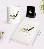 BK Gift Kişiye Özel Edebiyat Öğretmeni Beyaz Kupa Defter Kalem ve İsimli Papatya Kolye Hediye Seti-2 (Model 1)