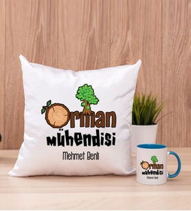 Orman Mühendisi Kare Yastık ve Mavi Kupa Bardak