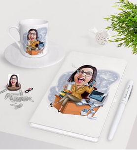 BK Gift Kişiye Özel Bayan Muhasebeci Karikatürlü Beyaz Defter Kalem Türk Kahvesi Fincanı Seti-1 (Model 1)