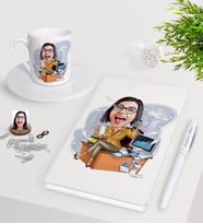 BK Gift Kişiye Özel Bayan Muhasebeci Karikatürlü Beyaz Defter Kalem Türk Kahvesi Fincanı Seti-1 (Model 1)