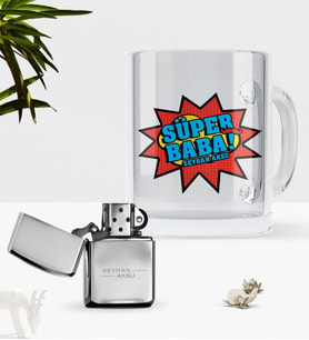 BK Gift Kişiye Özel Süper Baba Cam Kupa Bardak Benzinli Metal Çakmak Seti-2 (Model 1)