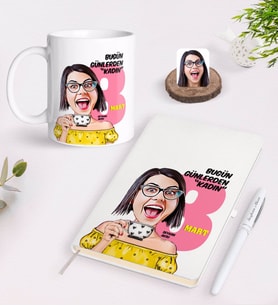BK Gift Kişiye Özel Kadınlar Günü Karikatürlü Beyaz Defter Kalem ve Kupa Seti-3 (Model 1)