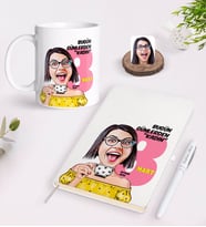 BK Gift Kişiye Özel Kadınlar Günü Karikatürlü Beyaz Defter Kalem ve Kupa Seti-3 (Model 1)