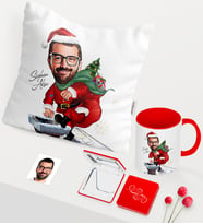 BK Gift Kişiye Özel Yılbaşı Temalı Bay Karikatürlü Kırmızı Kupa Ayna Yastık Seti - 3