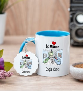 İç Mimar Mavi Kupa Bardak Ve Anahtarlık Set