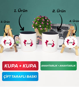 İkili Siyah Siyah İsme Özel Sevgililer Günü Hediyesi Kupa Bardak Anahtarlık