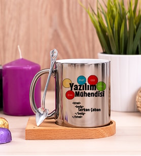 Yazılım Mühendisi Ahşap Altlıklı Silver Kupa Bardak