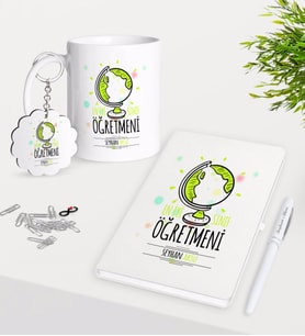 BK Gift Kişiye Özel En İyi Sınıf Öğretmeni Kupa Anahtarlık Beyaz Defter Kalem Hediye Seti-3 (Model 1)