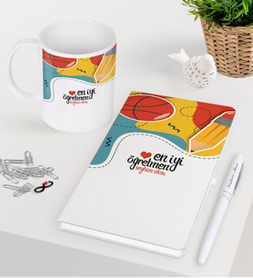 BK Gift Kişiye Özel En İyi Öğretmen Beyaz Defter Kalem Kupa Seti-5 (Model 1)
