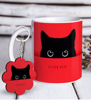 BK Gift Kişiye Özel Sevimli Kedi Beyaz Kupa ve Anahtarlık Hediye Seti-6 (Model 1)