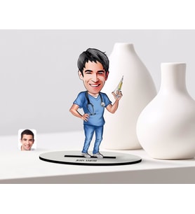BK Gift Kişiye Özel Erkek Doktor Karikatürlü Ahşap Biblo Model-3 (Beyaz)