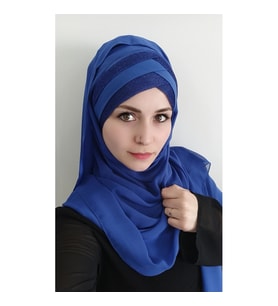 Kadın Tesettür Hazır Üç Bantlı Titi Şal (Mavi)