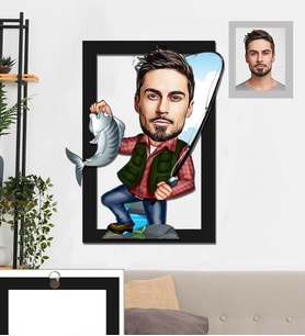 Kişiye Özel Balıkçı Karikatürlü 3D Ahşap Tablo 30x47 Bay-1
