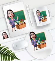BK Gift Kişiye Özel Bayan Öğretmen Karikatürlü Defter Kalem Kupa Mouse Pad Seti (Model 1)