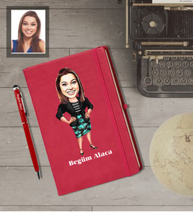 Kişiye Özel Patron Karikatürlü  Kırmızı Defter Kalem Hediye Seti Bayan-14