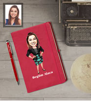 Kişiye Özel Patron Karikatürlü  Kırmızı Defter Kalem Hediye Seti Bayan-14