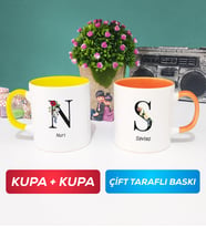 İkili Kişiye Özel Baş Harf ve İsim Yazılı Kupa Bardak Sarı Turuncu