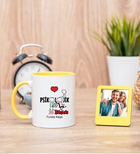 Psikolojik Danışman Sarı Kupa Bardak ve Sarı Mini Fotoğraf Çerçevesi