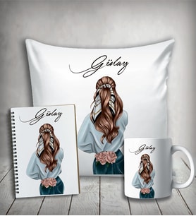 Kişiye Özel Kız Karakter Yastık & Kupa & Defter