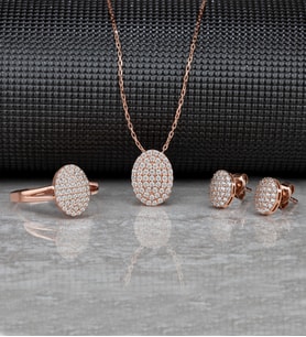 Gümüş Zirkon Taşlı " Oval " Tasarım Kolye-Küpe-Yüzük Set (Rose)