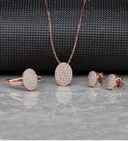 Gümüş Zirkon Taşlı " Oval " Tasarım Kolye-Küpe-Yüzük Set (Rose)