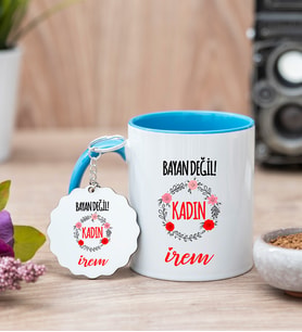Bayan Değil Kadın Mavi Kupa Bardak Ve Anahtarlık Set