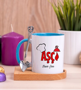 Aşçı Ahşap Altlıklı Mavi Kupa Bardak