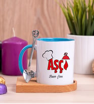 Aşçı Ahşap Altlıklı Mavi Kupa Bardak